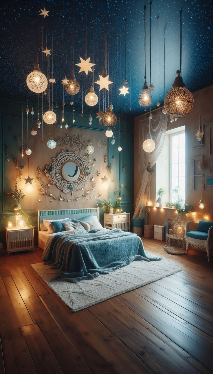 a bedroom decorated in blue and white with stars hanging from the ceiling