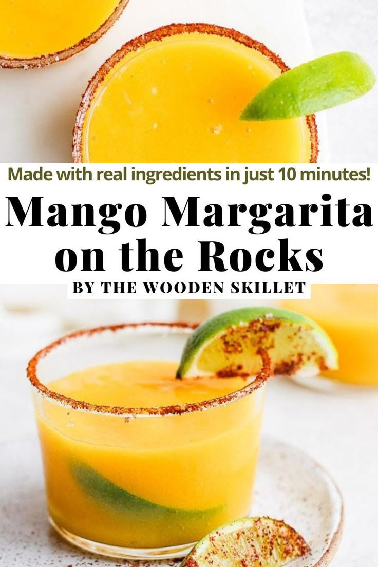 two glasses filled with mango margaritas and the words real simple ingredients healthier mango margarita