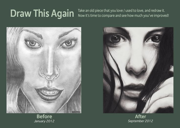 two different colored pencil drawings of women's faces and the words draw this again