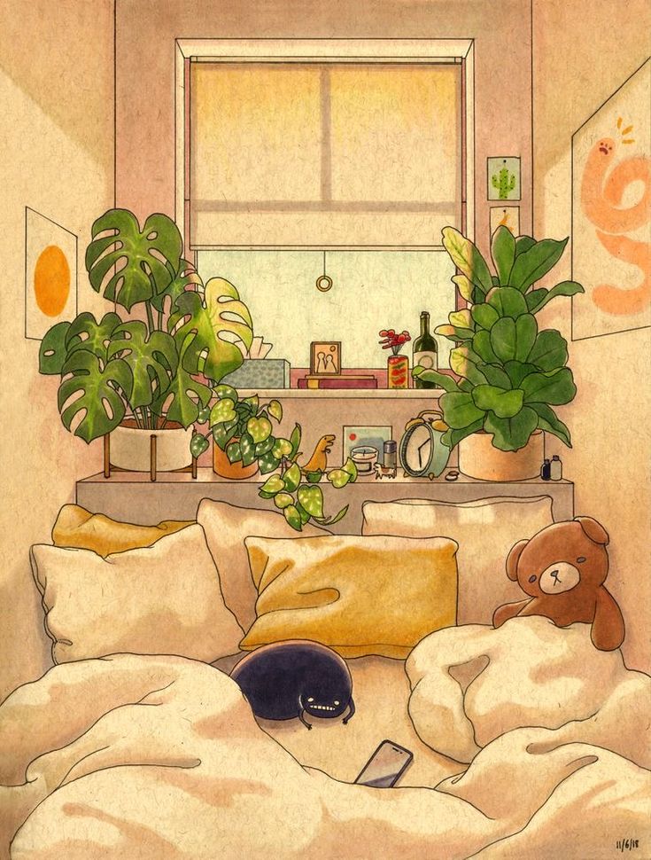 a drawing of a bedroom with plants and a teddy bear on the bed next to it