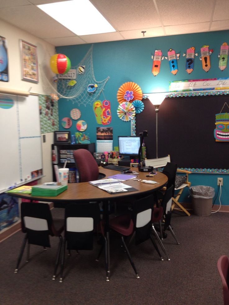 a classroom with desks, chairs and pictures on the wall