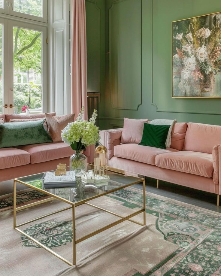 a living room filled with pink couches and green walls