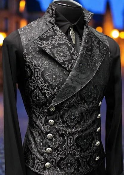 CAVALIER VEST - BLACK EDWARDIAN BROCADE ��– Shrine of Hollywood Gothic Prom Suit, Gothic Tuxedo, Gothic Fitted Vest For Costume, Black Gothic Costume Vest, Edwardian Fashion Male, Modern Edwardian Fashion, Mens Victorian Fashion, Edwardian Mens Fashion, Luxury Fitted Steampunk Vest