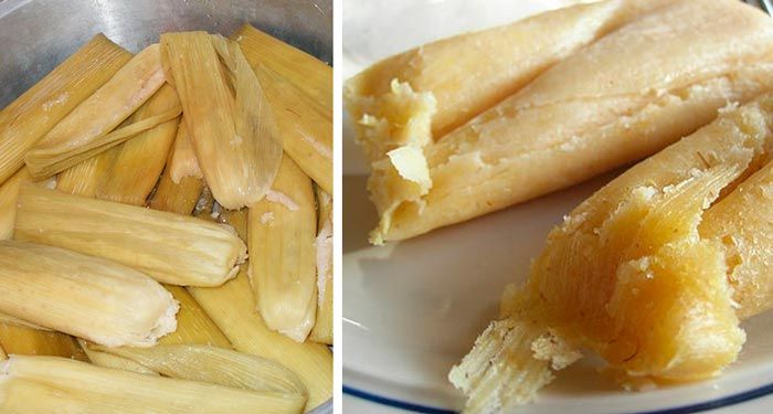 two pictures side by side, one with peeled corn and the other with uncooked corn