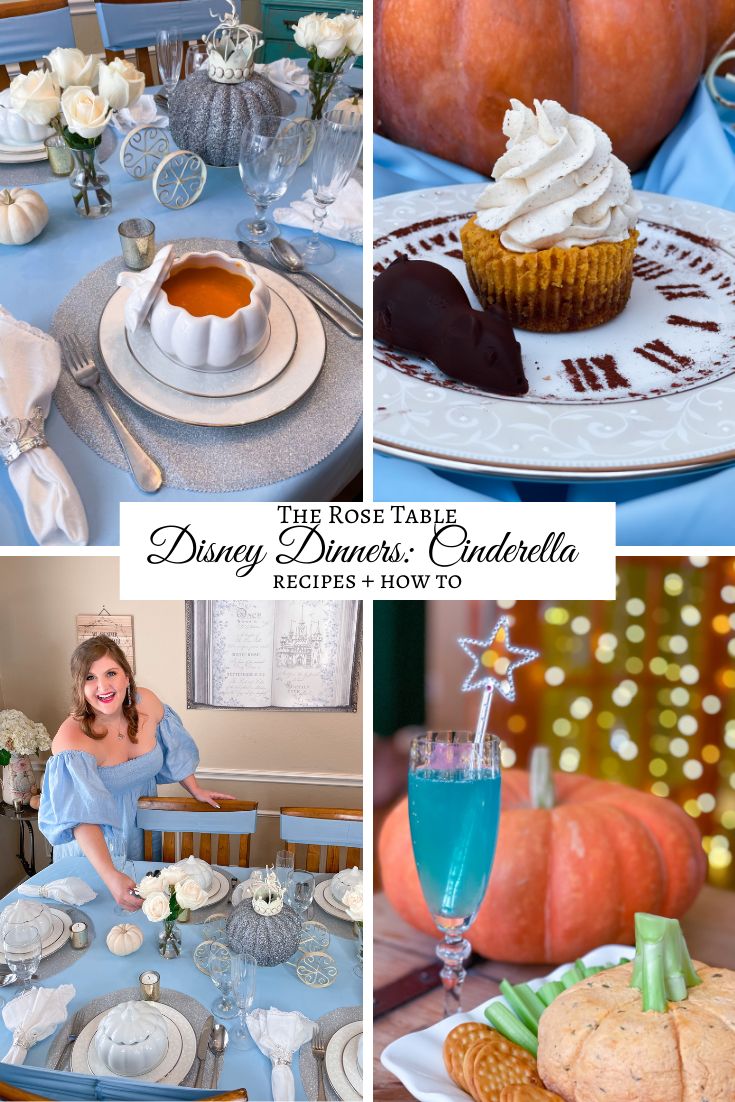 the table is set for dinner with pumpkins and cupcakes on it, along with a woman in blue dress