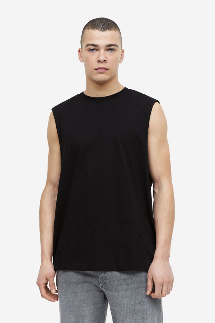 Tank top in cotton jersey. Narrow ribbing at neckline  deep armholes with raw edges  and short slits at sides. H And M, Basic White Tee, Running Tanks, M Beauty, T-shirts & Tank Tops, White Tank Top, Polo Shirts, Black Tank Tops, Fashion Company