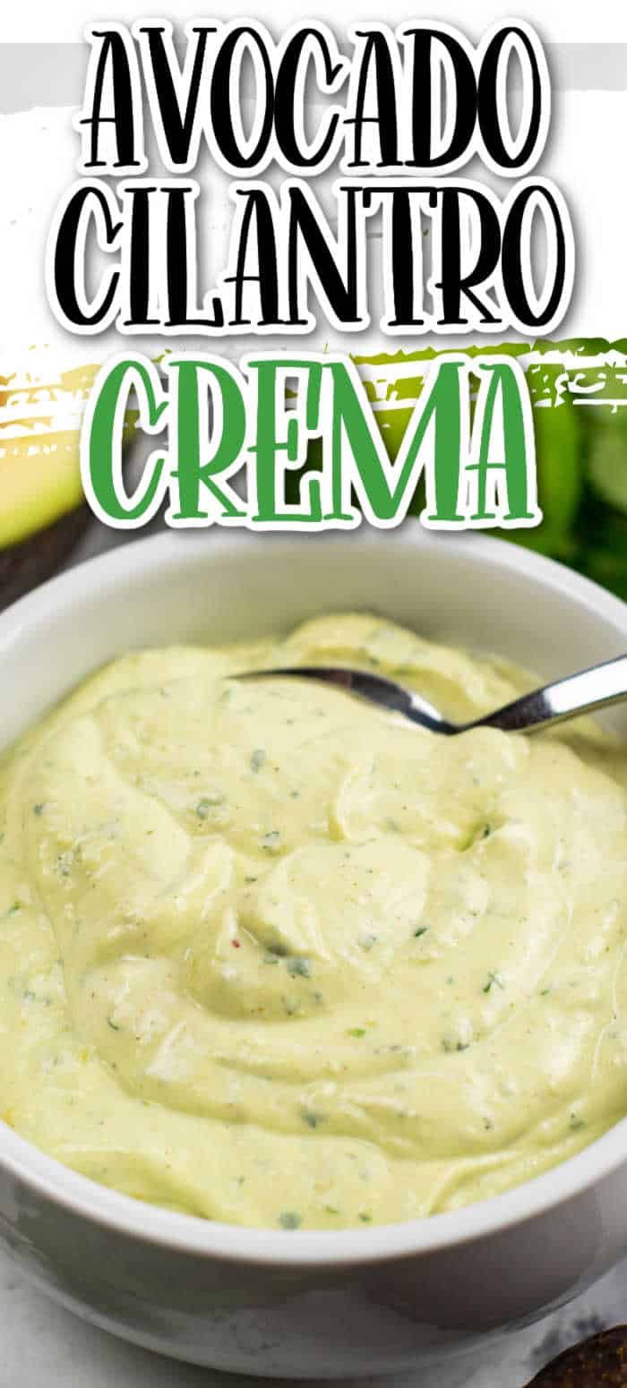 avocado cilantro cream in a white bowl with a spoon next to it