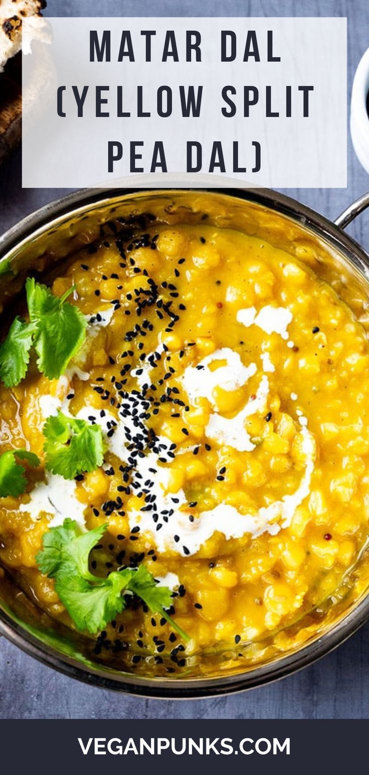 A photo of yellow split pea dal topped with fresh coriander, nigella seeds and a swirl of yoghurt. Dried Yellow Peas Recipe, Yellow Dhal Recipe, Yellow Split Pea Recipes Indian, Yellow Dahl Recipe, Yellow Lentil Dahl Recipe, Curry Split Pea Soup, Yellow Lentil Dal, Split Pea Recipes Vegan, Yellow Split Peas Recipes Vegan