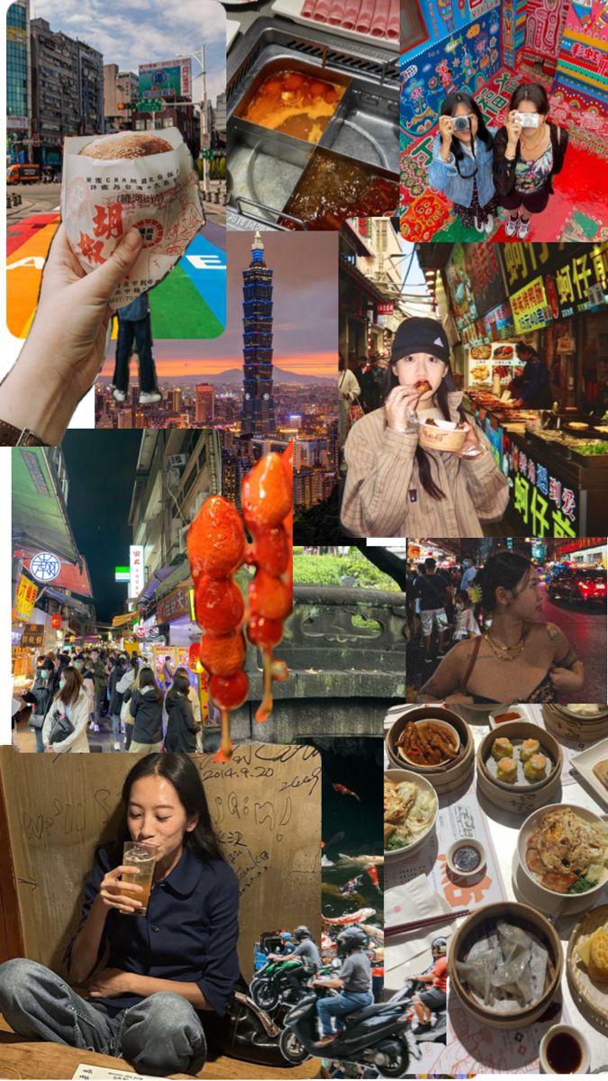 the collage shows people eating and drinking in different places around the world, including food