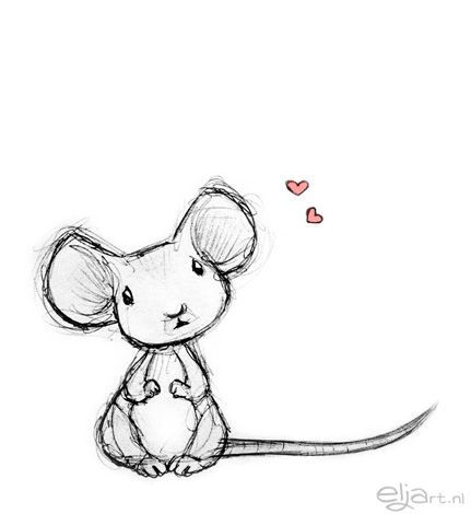 a drawing of a mouse with hearts flying around it's back legs and head