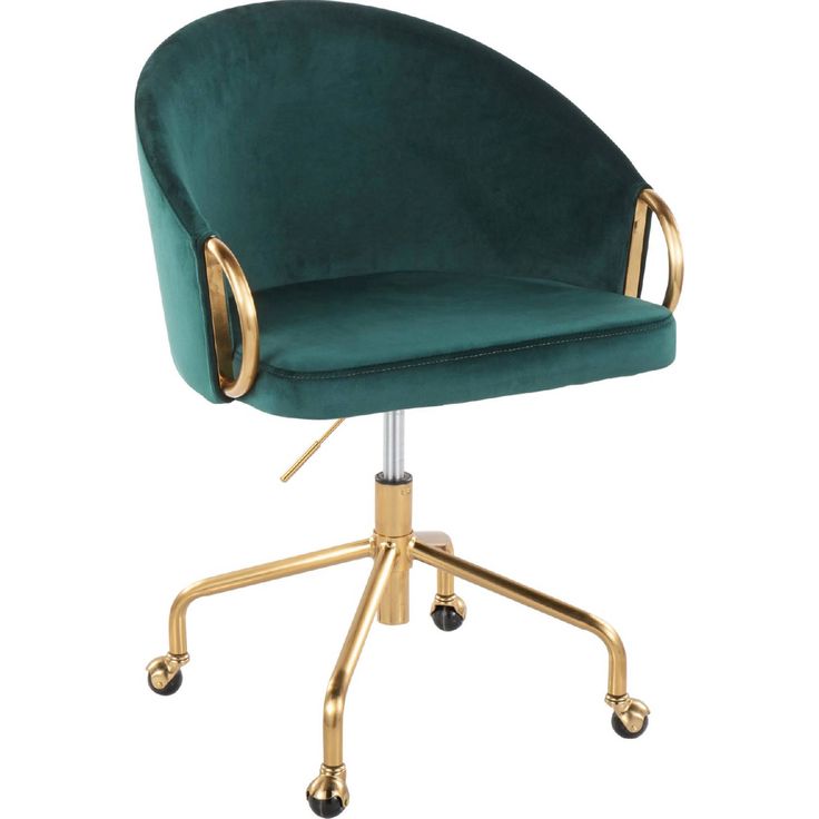 a green velvet office chair with gold wheels