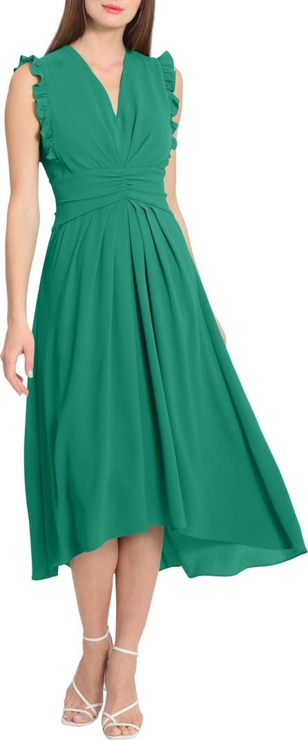 Maggy London V-Neck Ruffled A-Line Midi Dress | Nordstromrack Solid Ruched Midi Dress, Green V-neck Dress With Pleated Waist, Knee-length Chiffon Midi Dress With Ruched Detail, Ruched Midi-length Flowy Dress, Knee-length Ruched Chiffon Midi Dress, Ruched Chiffon Midi Dress Knee-length, Ruched Midi Length Flowy Dress, Bridesmaid Midi Dress With Ruffles, Ruched Midi Length Dress With Flowy Skirt