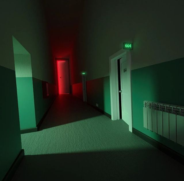 an empty hallway with red light coming from the door and green lights on the walls