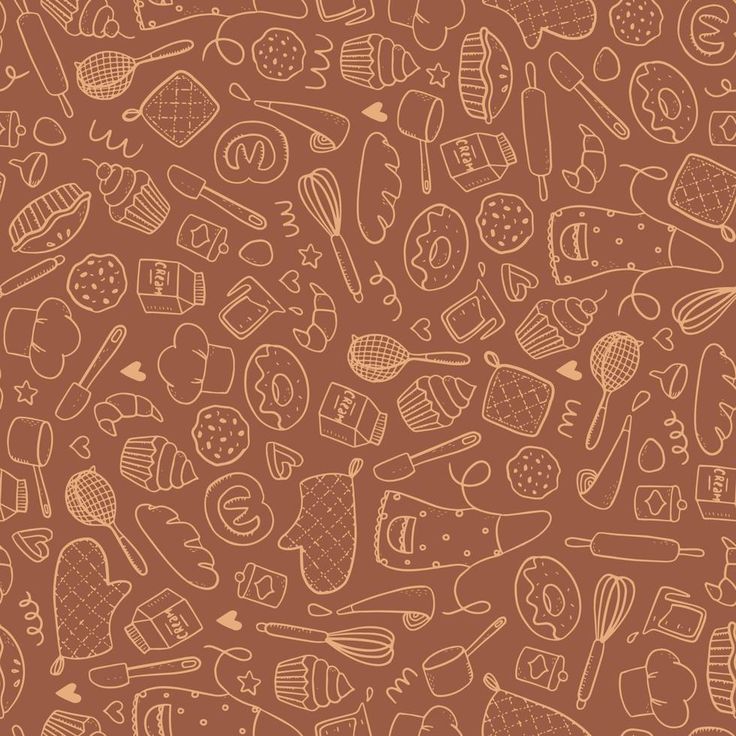 a brown and white pattern with different types of food on it, including utensils