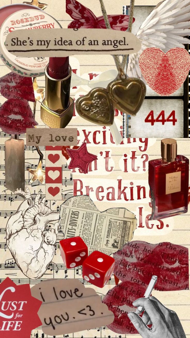 the collage has many different images and words on it, as well as hearts