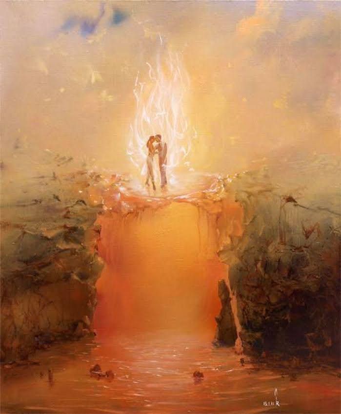 an oil painting of a man standing at the end of a cliff with fire coming from his head