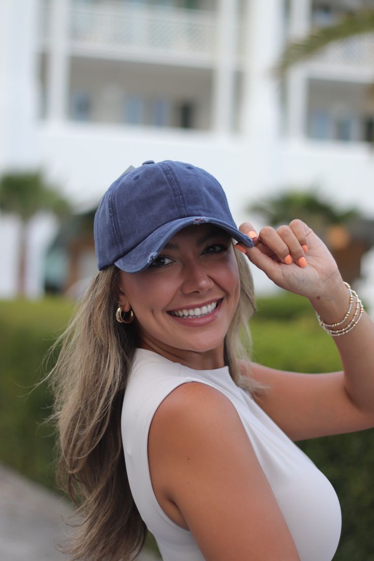 Elevate your casual look with this vintage-style hat! Featuring a distressed wash for an authentic, worn-in feel, each piece showcases natural color variations, making every hat one of a kind. Designed for comfort and convenience, it includes an adjustable magic closure at the back to ensure the perfect fit. This is the go-to accessory to complete your look while staying protected from the sun.Product Details: Vintage distressed wash style. Adjustable magic closure at the back. Natural color var Denim Blue Hat With Curved Brim, Blue Casual Hat With Short Brim, Trendy Washed Blue Hat, Blue Dad Hat One Size For Summer, Casual Blue Hat With Short Brim, Trendy Blue Hat With Curved Brim, Washed Blue Adjustable Hat With Curved Brim, Adjustable Washed Blue Hat With Curved Brim, Adjustable Washed Blue Cap