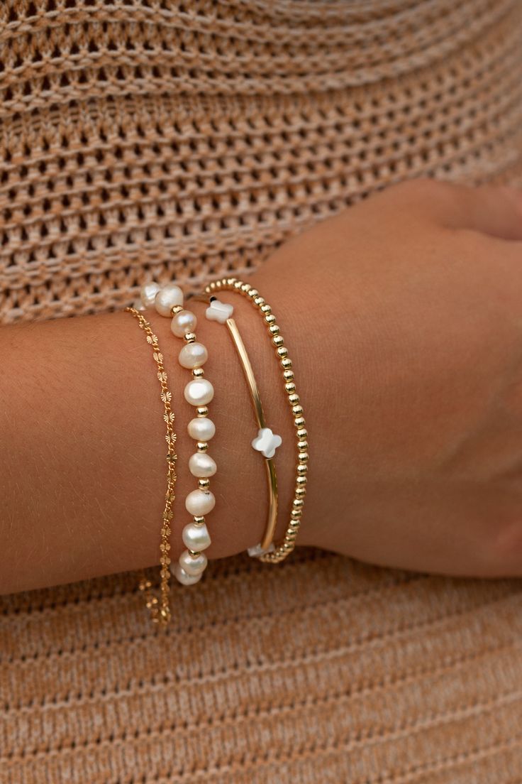 14k gold filled and freshwater pearls Gold And Pearls Jewelry, Gold Rings And Bracelets, Bracelet Stack Bead, Golden Bracelet Stack, School Jewelry Ideas, Jewlary Pic Aesthetic Gold, Bracelet Inspo Gold, Cute Gold Jewelry Aesthetic, Bracelets Hoco