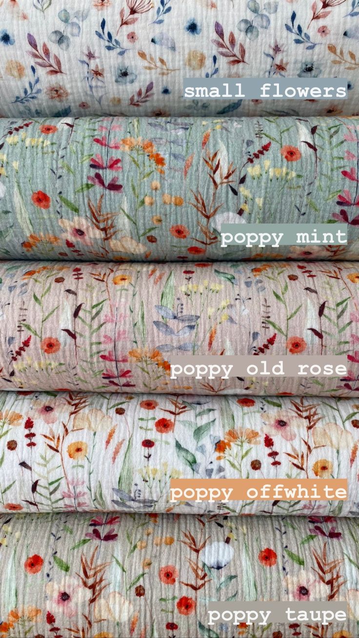 four different types of fabric with the words happy flowers printed on them in various colors