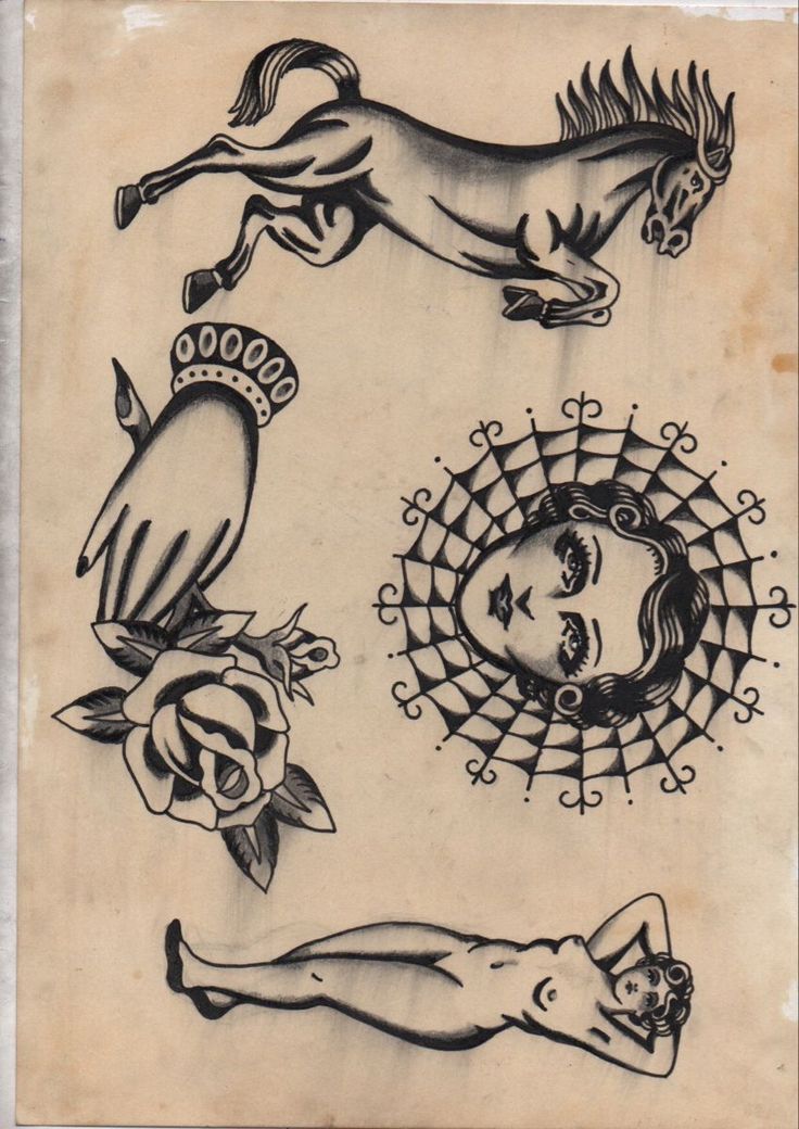 an old school tattoo design with horses and flowers on the back of each one's head