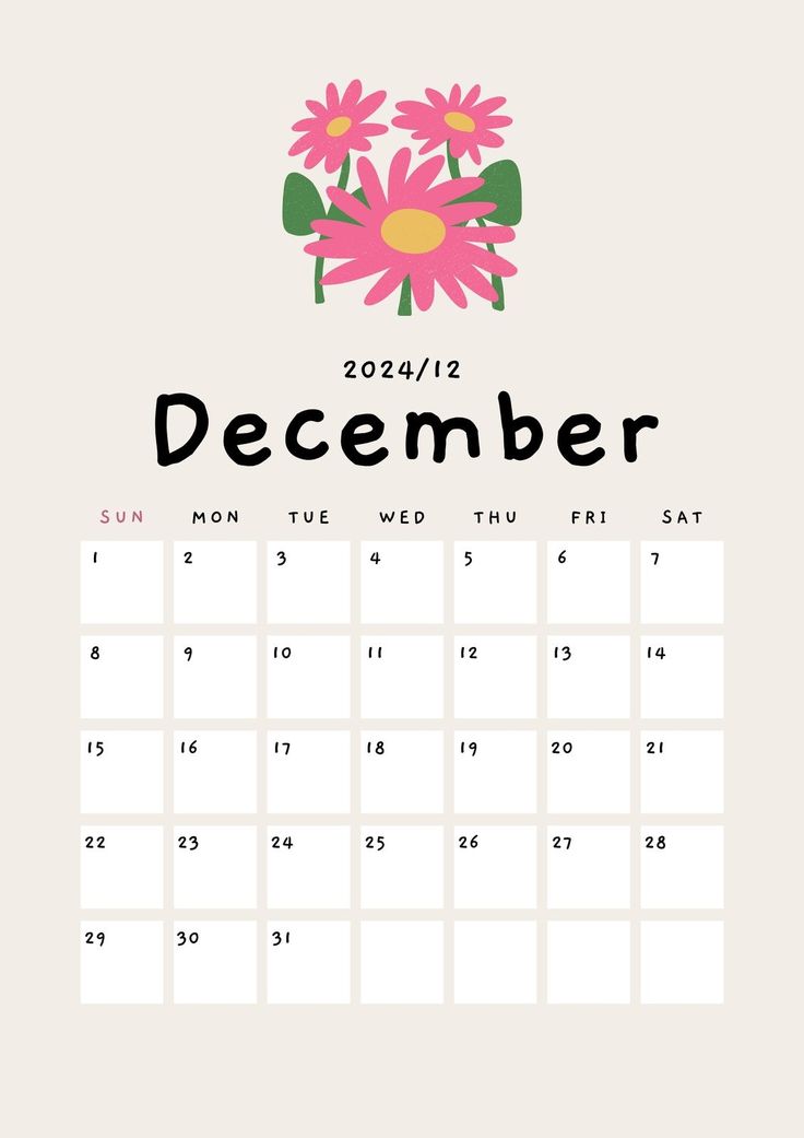 a calendar with flowers on it and the word december written in black ink, is shown