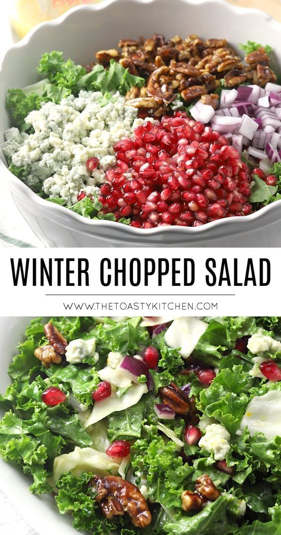 Winter Kale Salad, Pomegranate Recipes Salad, Salad Cabbage, Blue Cheese Vinaigrette, Maple Glazed Chicken, Big Salads, Winter Produce, Winter Side Dishes, Kale Cabbage