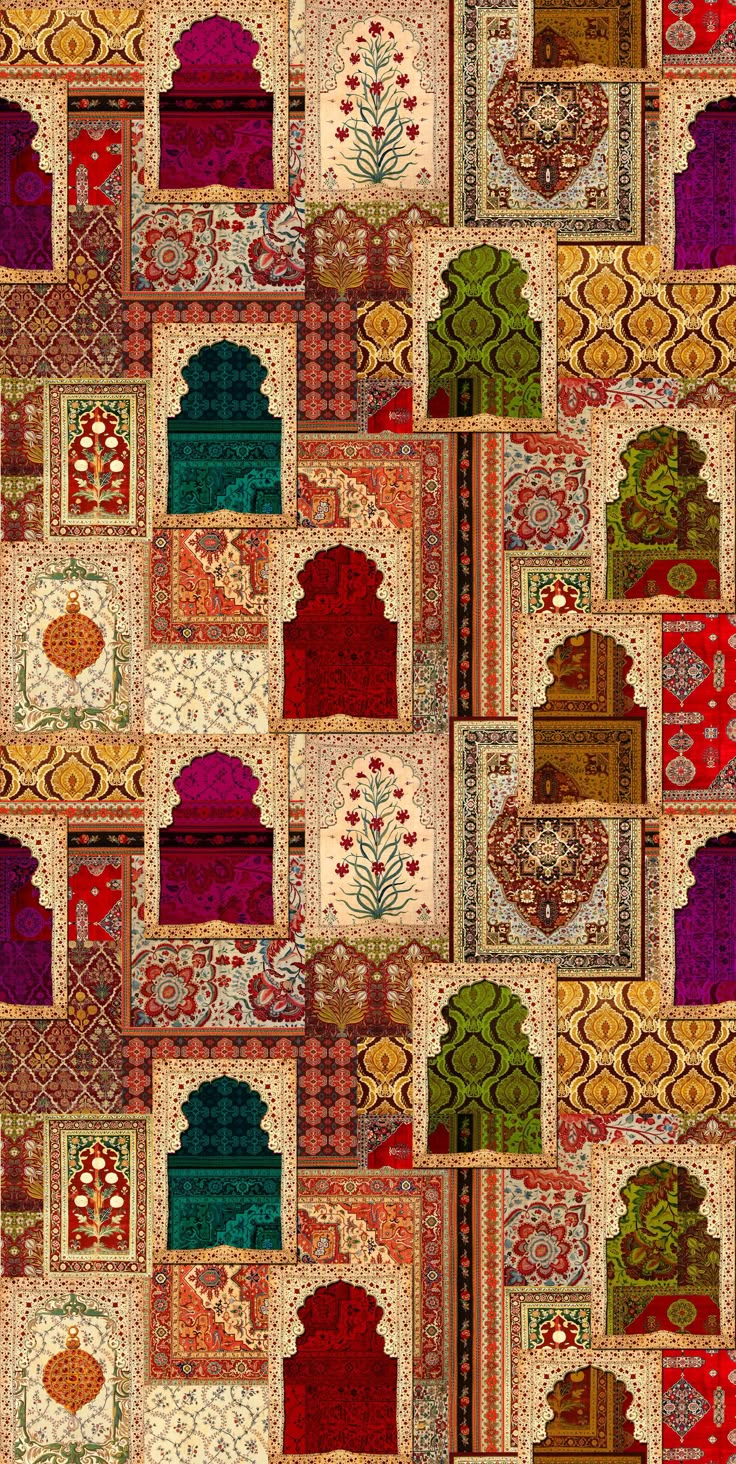 a colorful patchwork pattern with many different colors and designs on it's sides