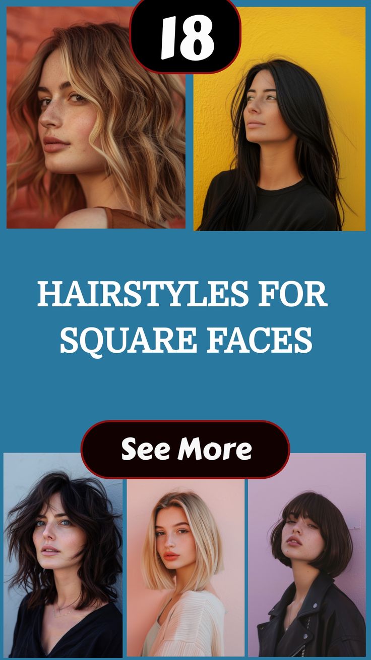 Hairstyles for square faces featuring varied styles on five women. Best Haircut For Square Face Shape, Hairstyles For Square Face Shape, Square Face Haircut, Square Shaped Face Hairstyles, Haircut Square Face, Hairstyle For Square Face, Haircuts For Square Faces, Gorgeous Haircuts, Hairstyles For Square Faces