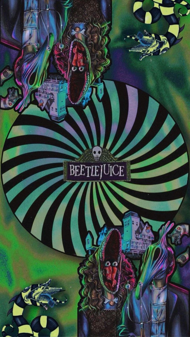 an abstract painting with the words beetlejuice in purple, green and black colors