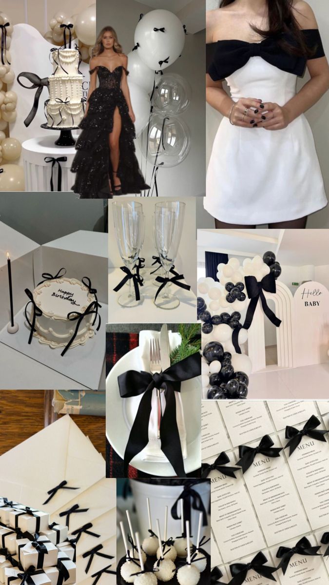 a collage of photos with black and white wedding decorations, cake, napkins