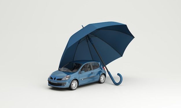 a small blue car under an umbrella on a white background with room for text or image