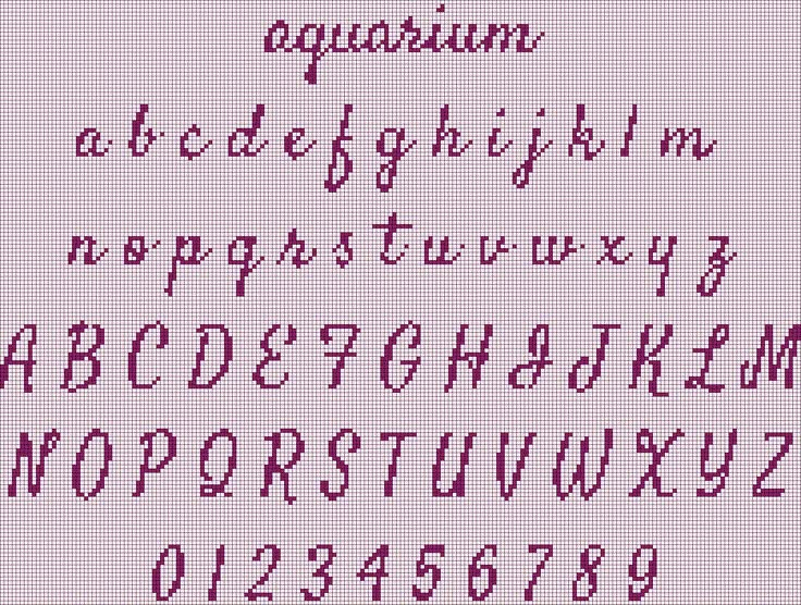 a cross stitch alphabet with numbers and letters in purple on a pink background, including the letter