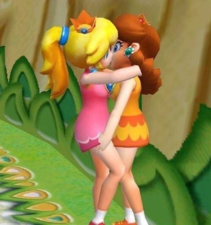 two cartoon characters are hugging each other in front of a green hill and blue sky