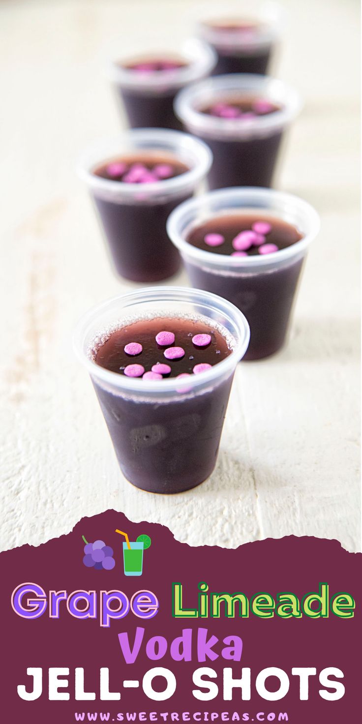 grape limeade vodka jello shots in plastic cups with sprinkles on them