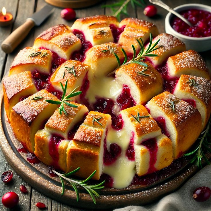 a cake with cranberry sauce and rosemary sprigs is on a wooden platter