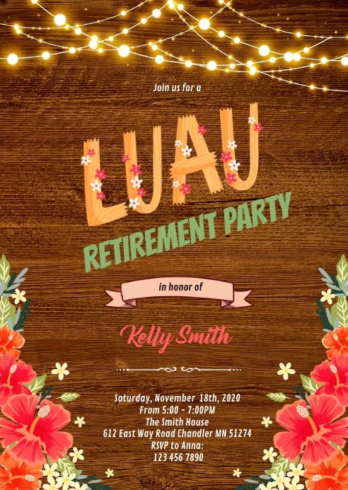 a hawaiian themed retirement party with flowers and lights on the wooden background, is featured in this