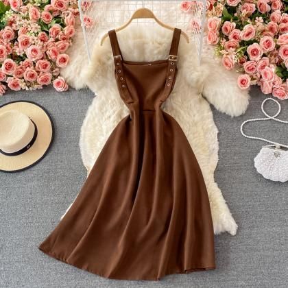 Dark Academia Fitted Dresses For Spring, Chic Brown Dress With Buttons, Brown Solid Color Mini Dress, Fitted Dark Academia Dresses For Spring, Fitted Spring Dress In Dark Academia Style, Brown A-line Midi Dress For Party, Brown Solid Winter Dress, Brown Solid Color Winter Dress, Chic Brown Midi Dress With Buttons