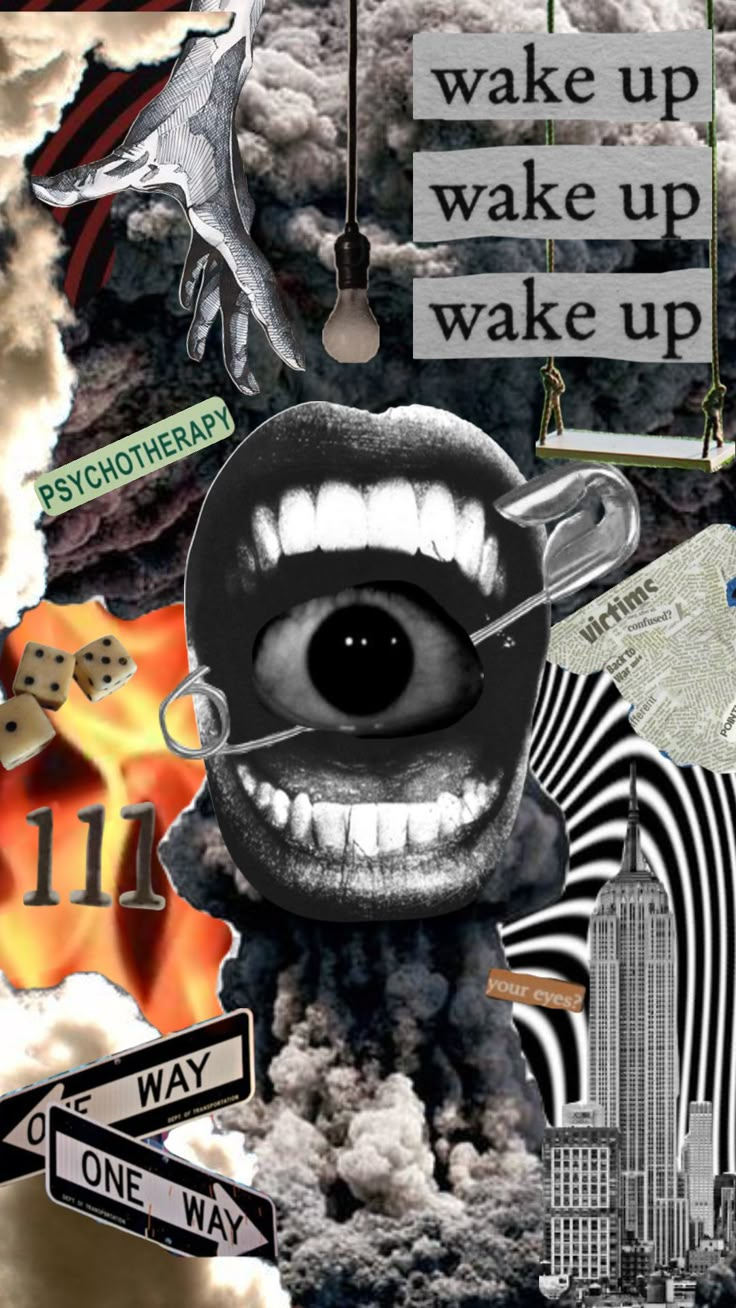 a collage of images with words and pictures on them, including an eye in the middle