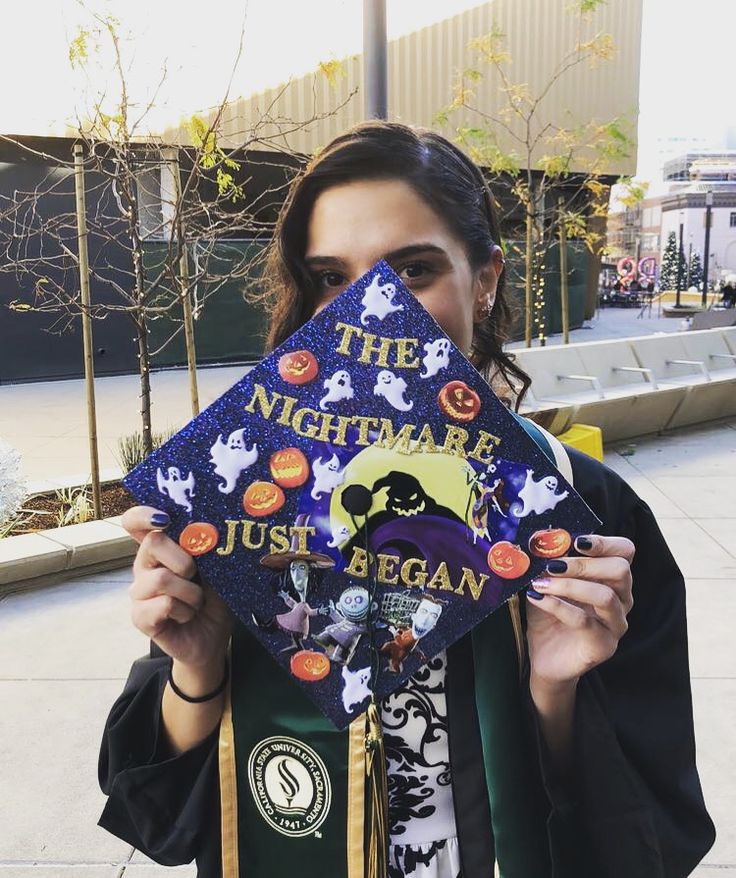 a woman holding up a graduation cap with the words, the night before just begun