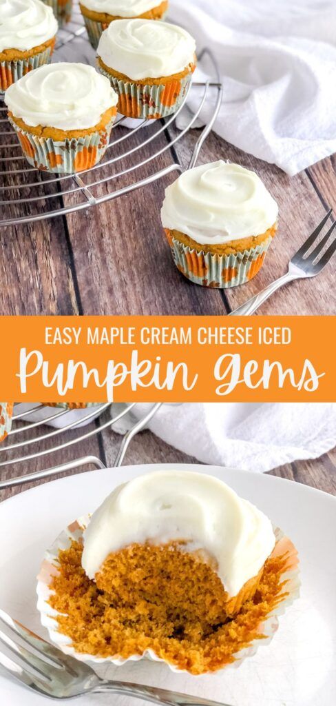 pumpkin cupcakes with cream cheese frosting on top