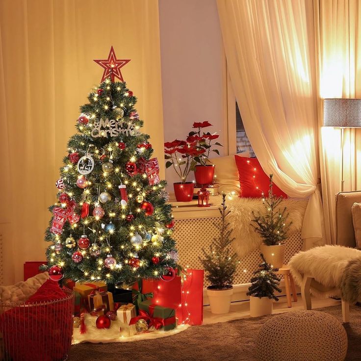 a decorated christmas tree in a living room