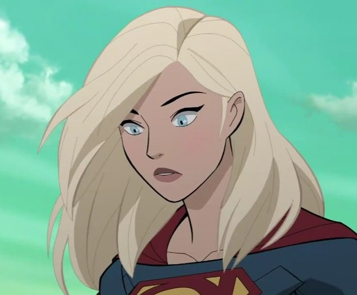 a woman with blonde hair and blue eyes wearing a superman costume in front of clouds