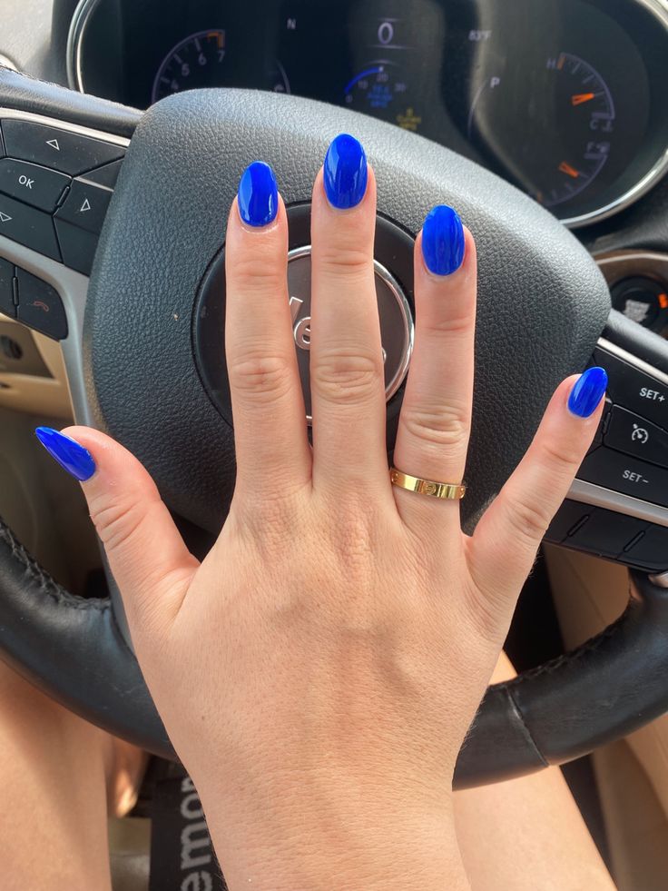 Dark Blue Round Acrylic Nails, Cute Royal Blue Nails For Prom, Simple Nails For September, Megan Moroney Blue Nails, Blue Almond Short Nails, Royal Blue Nails Round, Royal Blue Acrylic Nails Short Almond, Bright Dark Blue Nails, Bright Royal Blue Nails