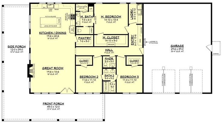 the floor plan for a two story house with an attached garage and living room area