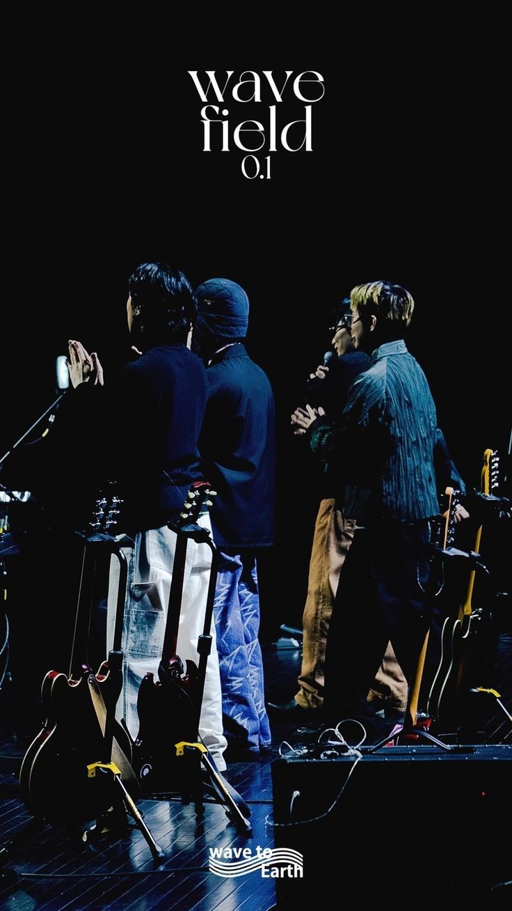 three men standing in front of microphones with the words wave field on top of them