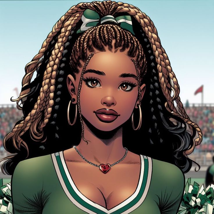 a woman with braids and a green shirt in front of a football stadium wearing a cheerleader's uniform