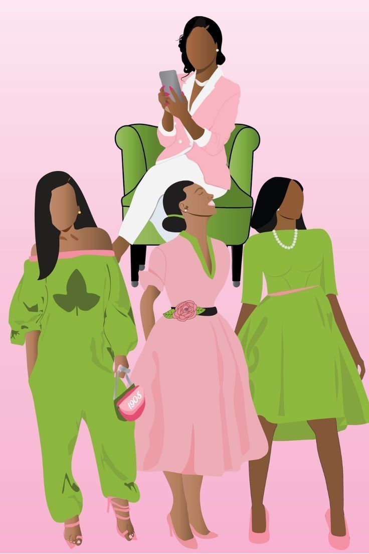 three women in green and pink dresses are standing next to each other, one is holding a cell phone