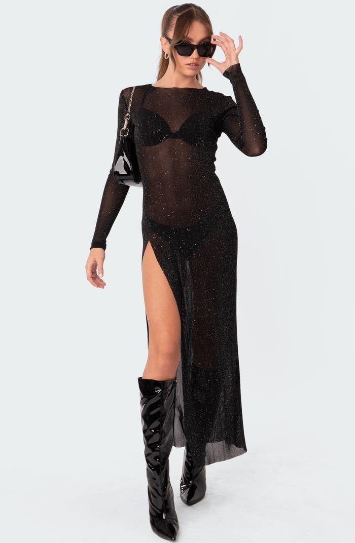 EDIKTED Glitter Mesh Slit Maxi Dress | Nordstrom Maxi Design, Swimwear Dress, Sleeve Maxi Dress, Long Sleeve Maxi, Party Dress Long, Crop Top Blouse, Nordstrom Dresses, Black Maxi Dress, Long Sleeve Maxi Dress