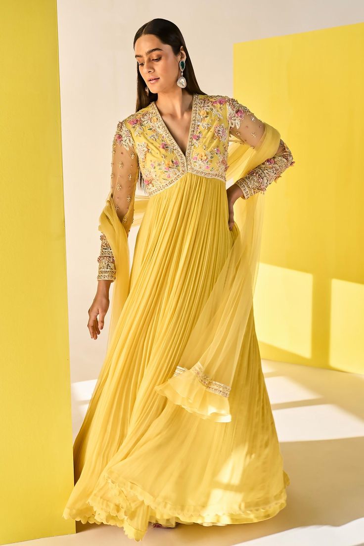 Shop for Ridhi Mehra Yellow Faanee Long Anarkali With Frill Hem Dupatta for Women Online at Aza Fashions Yellow Anarkali, Ridhi Mehra, Long Anarkali, Anarkali Dress Pattern, Embroidered Crop Tops, Dress Indian Style, Dusky Pink, Net Dupatta, Anarkali Dress