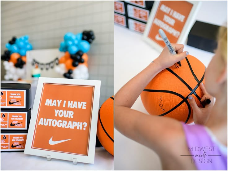 a basketball themed birthday party with orange and black decorations, blue balloons, and an autograph sign